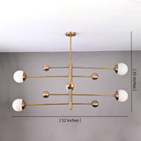 Dimensional view of 5-light brass chandelier showing 52-inch width and 35-inch height with opal glass globes.