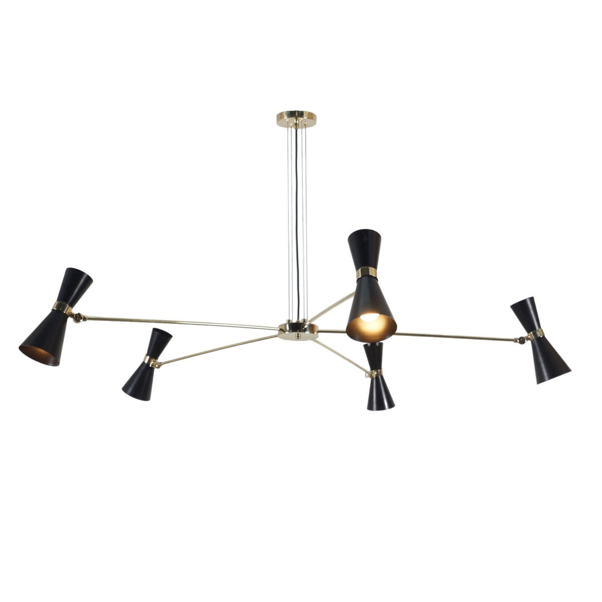 Side view of 5-light mid-century brass chandelier featuring matte black double-cone shades and slim brass arms