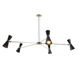 Side view of 5-light mid-century brass chandelier featuring matte black double-cone shades and slim brass arms