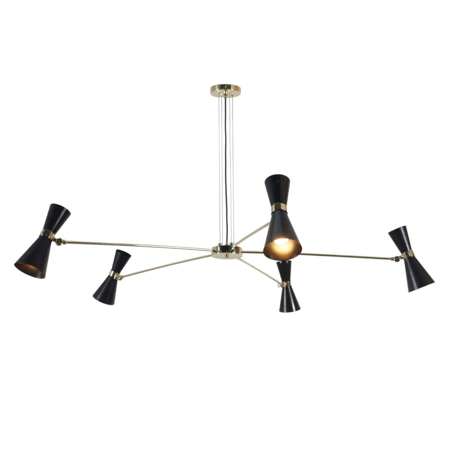 5-light brass chandelier with adjustable black cone shades and mid-century modern design by Brass Leaf Studio