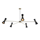 Wide-angle view of modern 5-light brass ceiling chandelier with adjustable cone shades and minimalist brass structure