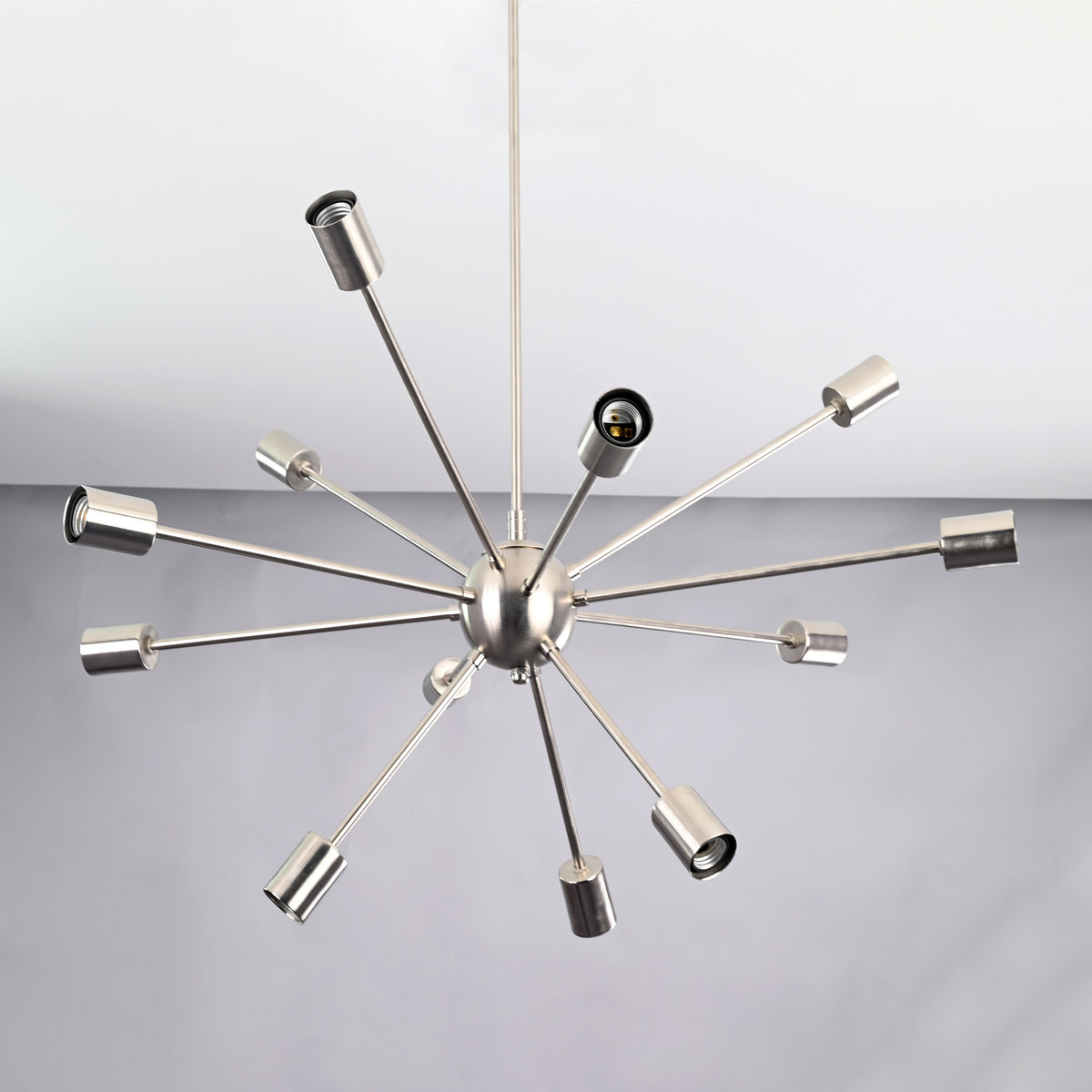 Modern 12-Light Brushed Steel Sputnik Chandelier – Minimalist Mid-Century Ceiling Fixture - 32153