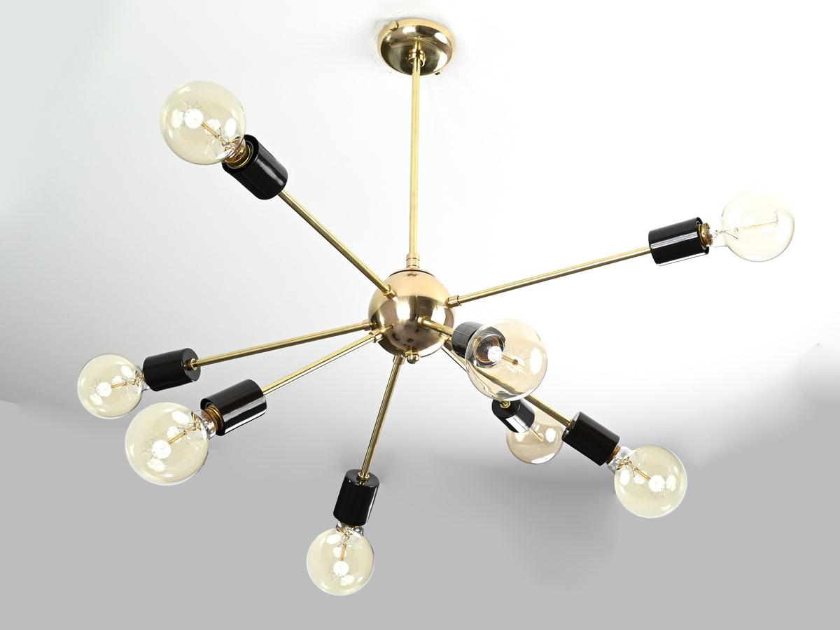 Mid-Century 8-Light Brass & Black Sputnik Chandelier – Modern Minimalist Ceiling Light - 32163
