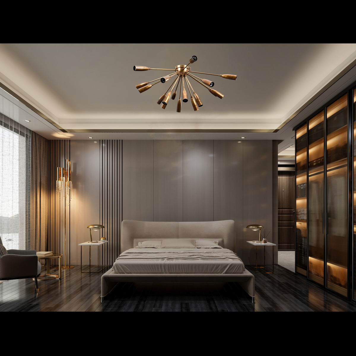 Lux 16-Light Brass Sputnik Chandelier – Mid-Century Modern Starburst Ceiling Fixture - 32165