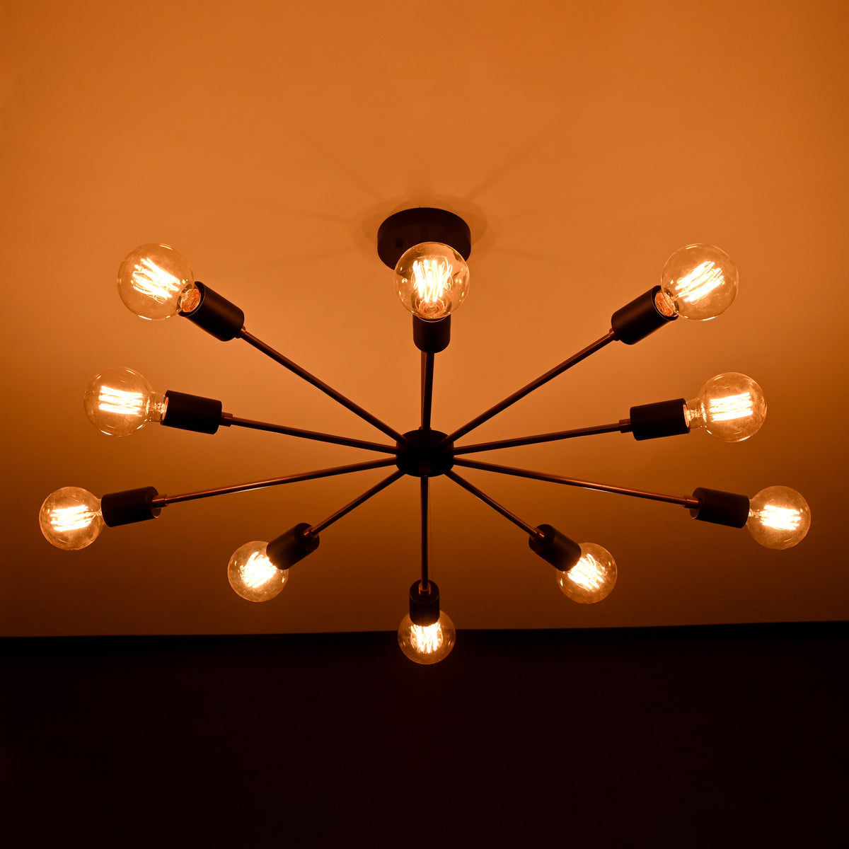 Radiant 12-Light Sputnik Chandelier – Black & Brass Mid-Century Modern Ceiling Fixture - 32198