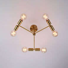 Modern 6-Light Brass Chandelier – Geometric Ceiling Fixture with Dual Cylinder Heads - 32207