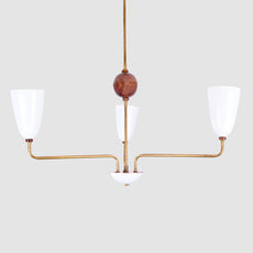 Mid-Century 4-Light Brass & Wood Chandelier – Sculptural Arm Fixture with Opal Glass Shades - 32215