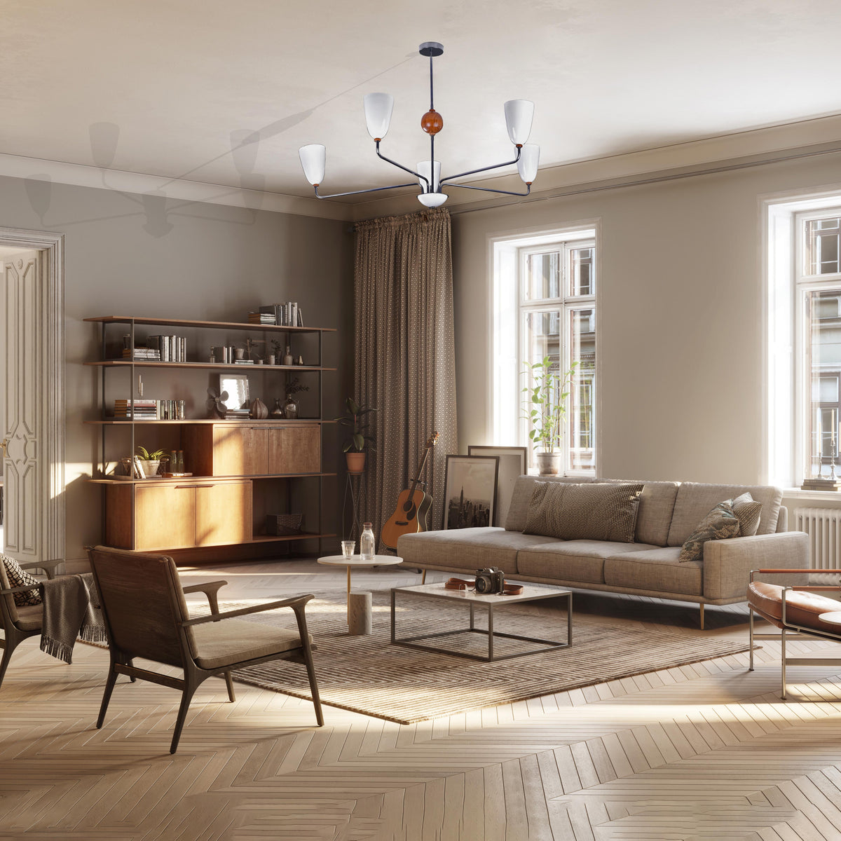 Mid-Century 6-Light Black & Wood Chandelier – Sculptural Arm Fixture with Opal Glass Shades - 32216