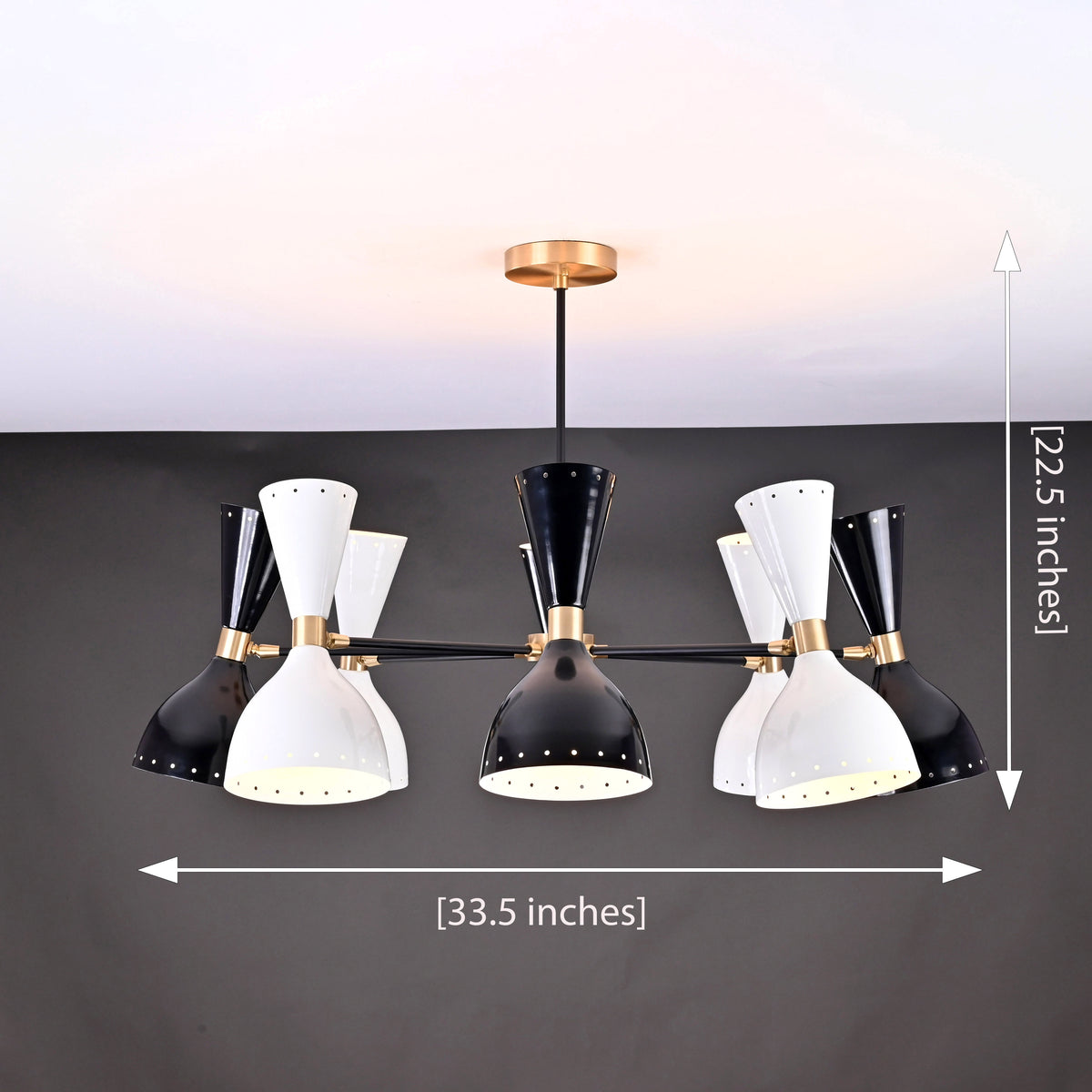 Modern 10-Light Black & White Chandelier – Dual Cone Sputnik Fixture with Brass Accents - 32221