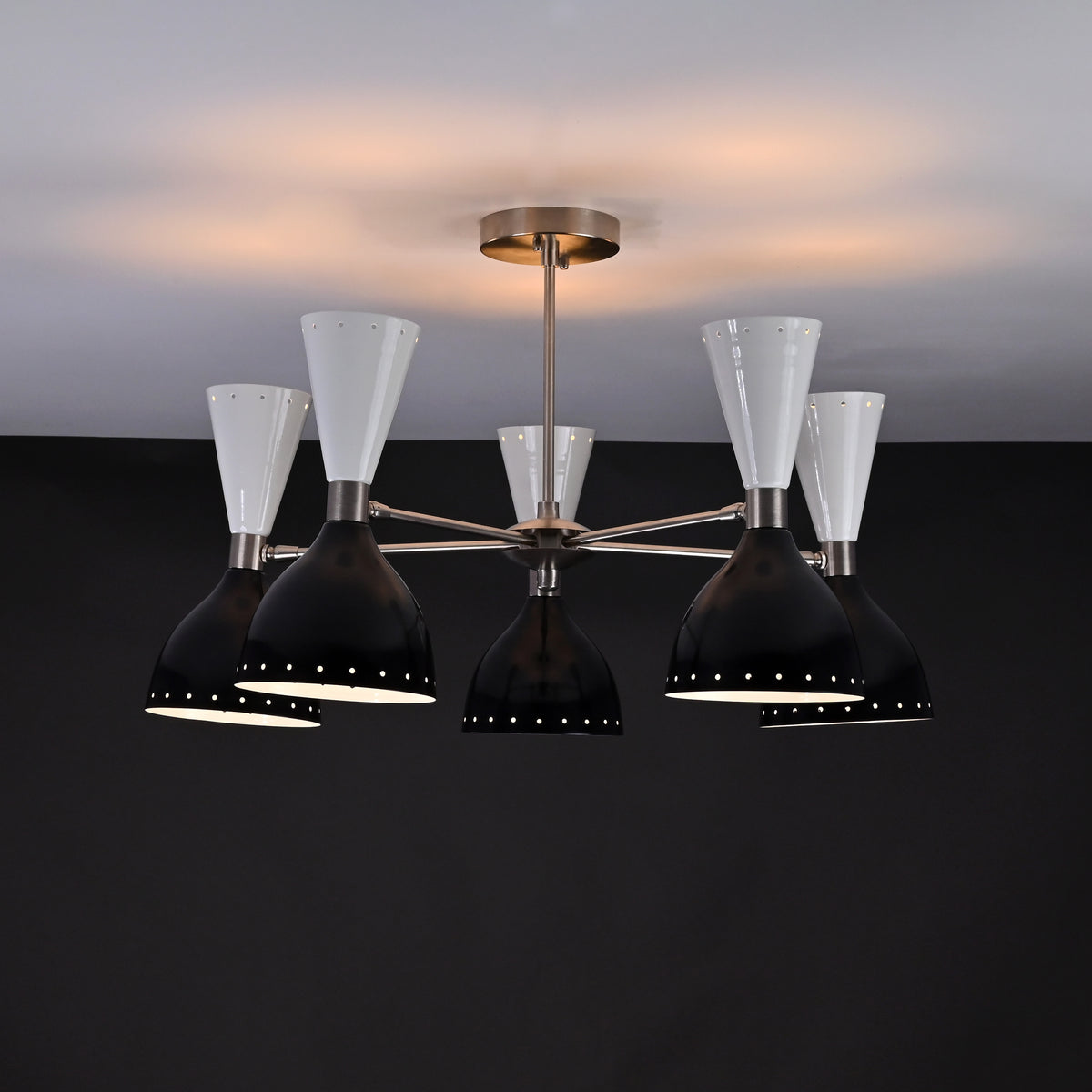Modern 10-Light Chandelier – Black & White Dual Cone Shades with Brushed Nickel Frame - 32222