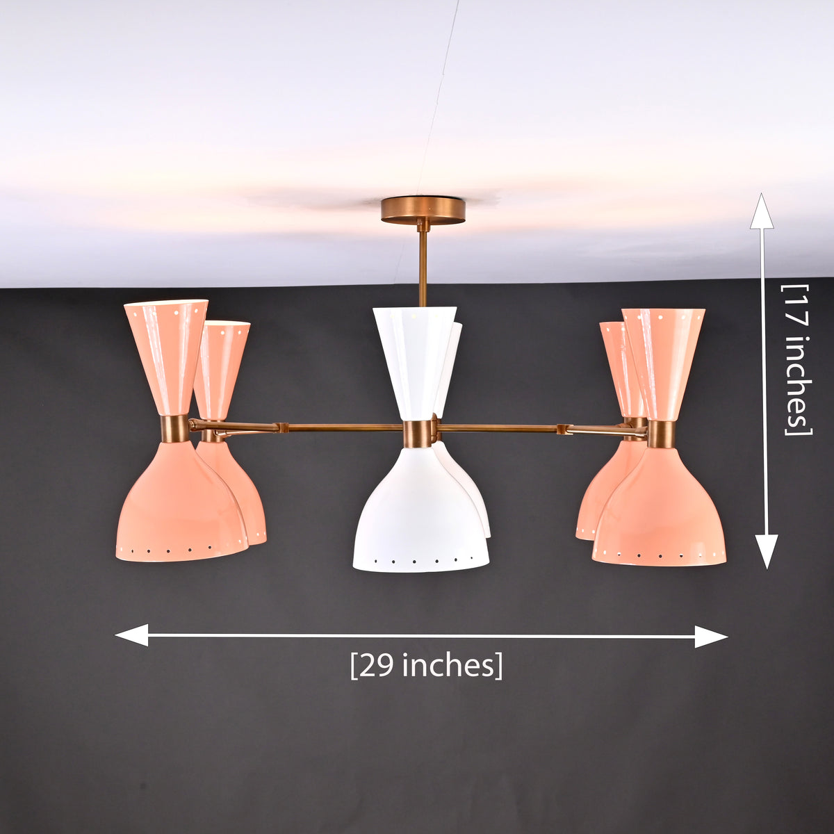 Modern 10-Light Chandelier – Color Blocked Coral, White & Brass Double Cone Ceiling Fixture - 32223