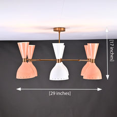 Modern 10-Light Chandelier – Color Blocked Coral, White & Brass Double Cone Ceiling Fixture - 32223