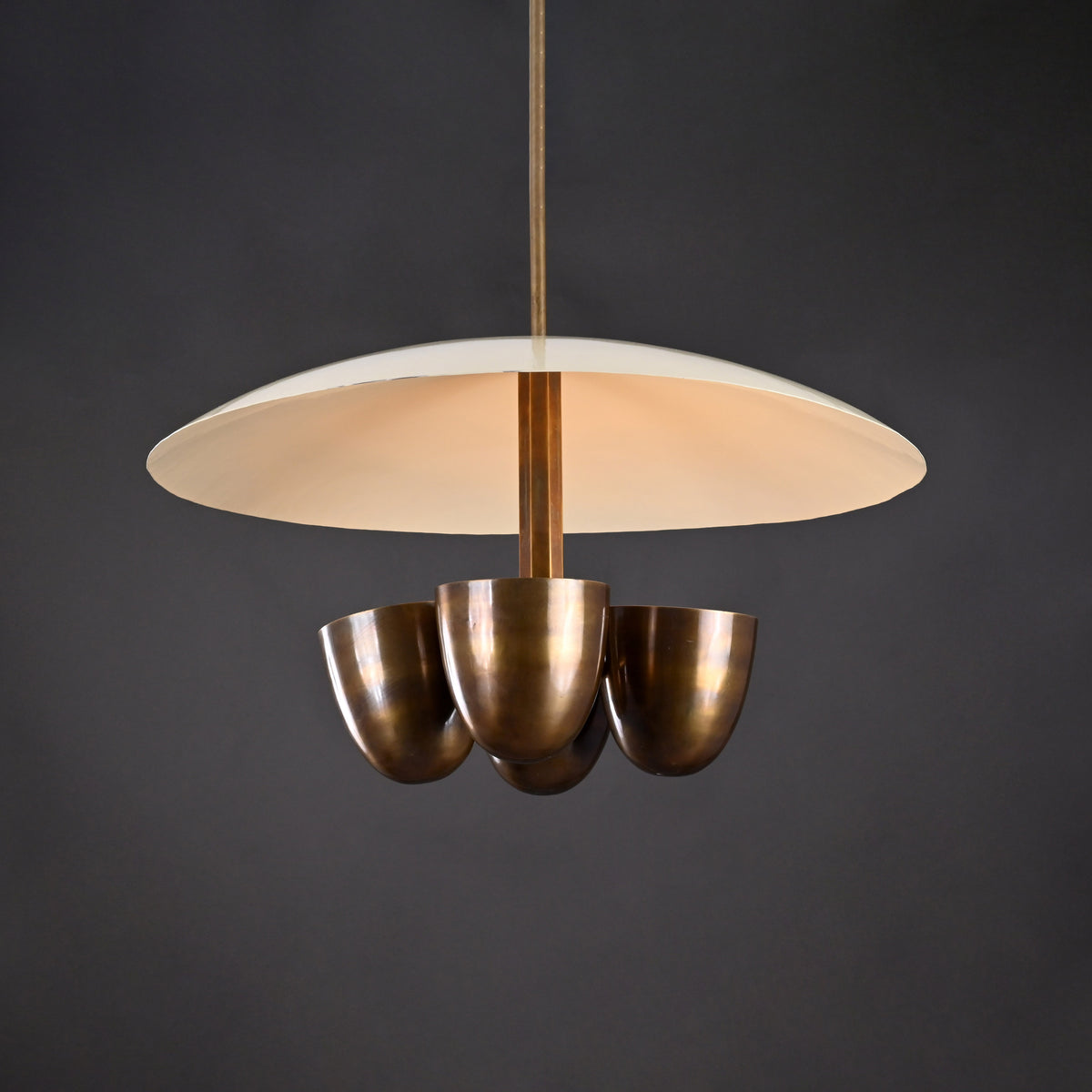 Mid-Century 5-Light Brass Chandelier – Saucer Disc Shade with Sculptural Cup Holders - 32224