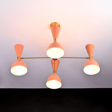 Brass Leaf Studio Industrial Brass Made, Diabolo Ceiling Chandelier Light Peach Color 8 Lights 4 Arms Elegant Pendant Stilnovo Style Mid Century