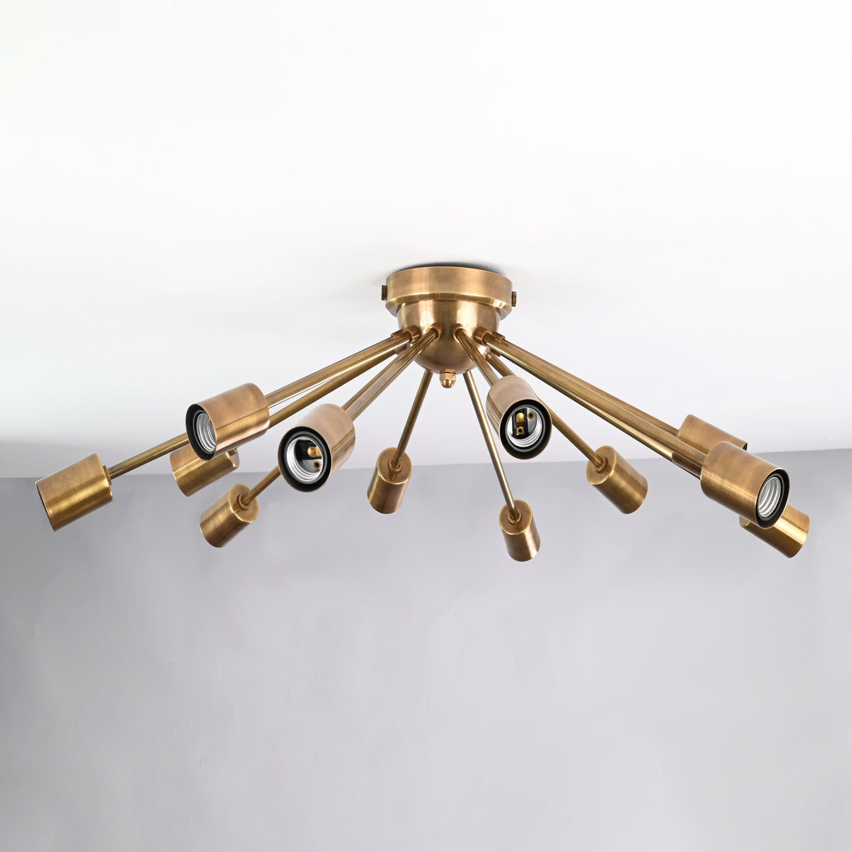 Antique Brass 12-Light Sputnik Chandelier – Industrial Mid-Century Flush Mount Starburst Ceiling Light Base - 32152