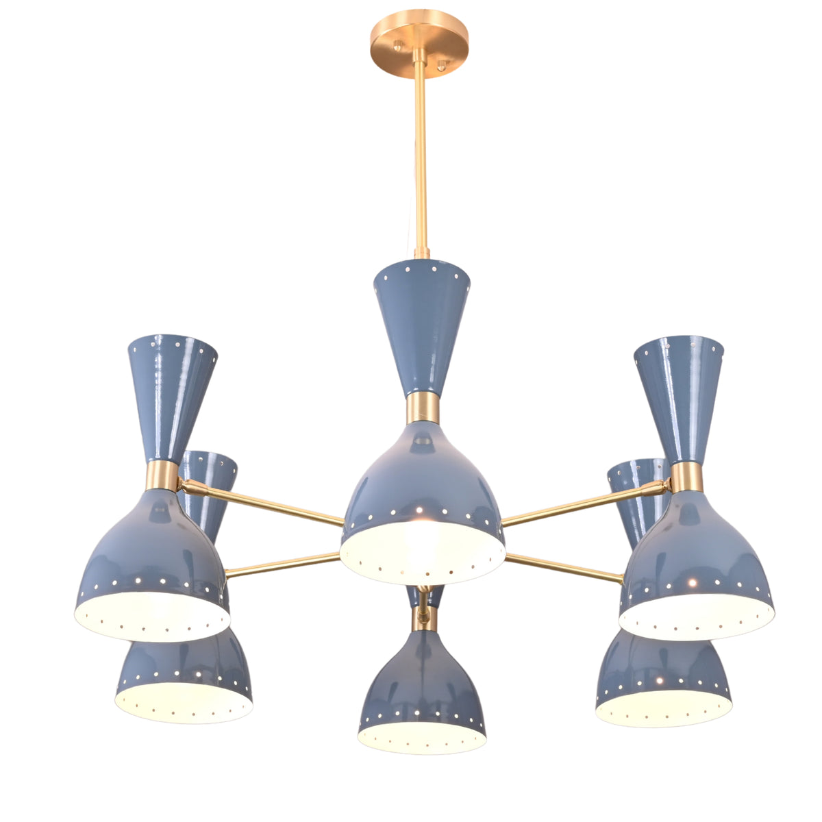Bottom view of 6 Brass Diabolo chandelier showing warm ambient light diffusion and perforated metal shades