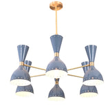 Bottom view of 6 Brass Diabolo chandelier showing warm ambient light diffusion and perforated metal shades