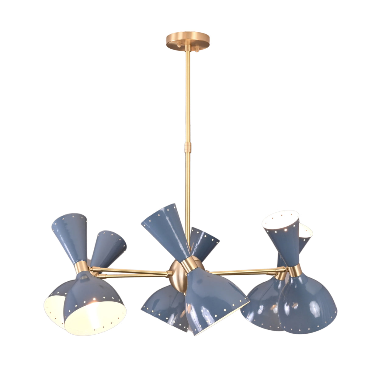 6 Brass Diabolo 12-light chandelier in solid brass with blue diabolo shades, modern industrial ceiling light by Brass Leaf Studio