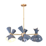 6 Brass Diabolo 12-light chandelier in solid brass with blue diabolo shades, modern industrial ceiling light by Brass Leaf Studio