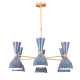 Top view of 6 Brass Diabolo 12-light chandelier with symmetrical brass arm layout and modern industrial design