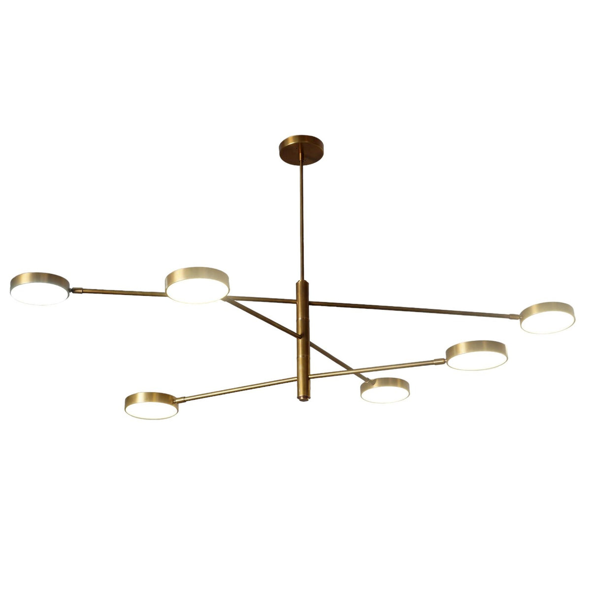 Front angled view of 6-light brass chandelier with disc shades – handcrafted contemporary ceiling light by Brass Leaf Studio