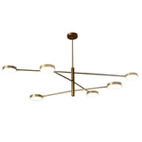 Front angled view of 6-light brass chandelier with disc shades – handcrafted contemporary ceiling light by Brass Leaf Studio