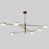 6 Disc Arm Brass Chandelier with sleek linear brass structure and round diffused lights – modern handmade ceiling fixture by Brass Leaf Studio