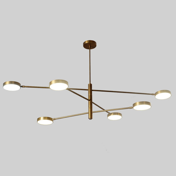 6 Disc Arm Brass Chandelier with sleek linear brass structure and round diffused lights – modern handmade ceiling fixture by Brass Leaf Studio