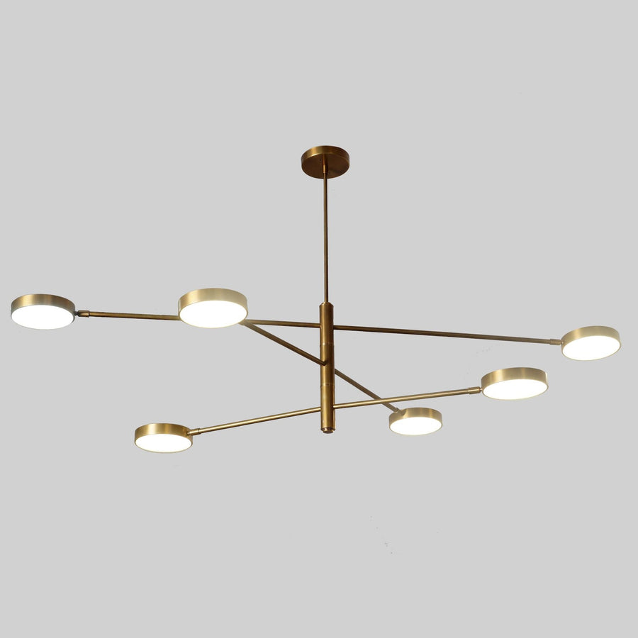 6 Disc Arm Brass Chandelier with sleek linear brass structure and round diffused lights – modern handmade ceiling fixture by Brass Leaf Studio