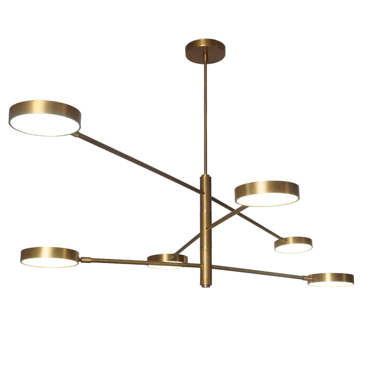 Side view of 6 Disc Arm Brass Chandelier featuring brushed brass finish and slim balanced arms – minimalist linear ceiling lighting design