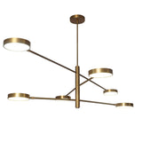 Side view of 6 Disc Arm Brass Chandelier featuring brushed brass finish and slim balanced arms – minimalist linear ceiling lighting design