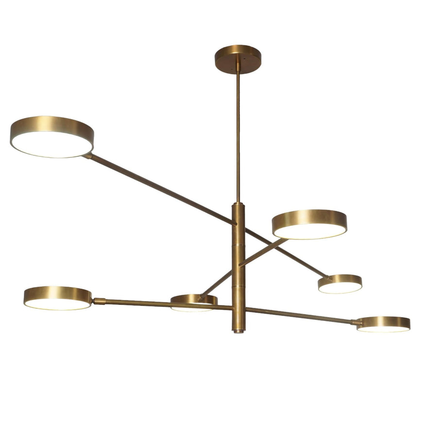6 Disc Arm Brass Chandelier with sleek linear brass structure and round diffused lights – modern handmade ceiling fixture by Brass Leaf Studio
