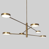 Close-up of 6 Disc Arm Brass Chandelier showing linear brass detailing and elegant disc-shaped lights – modern home lighting design