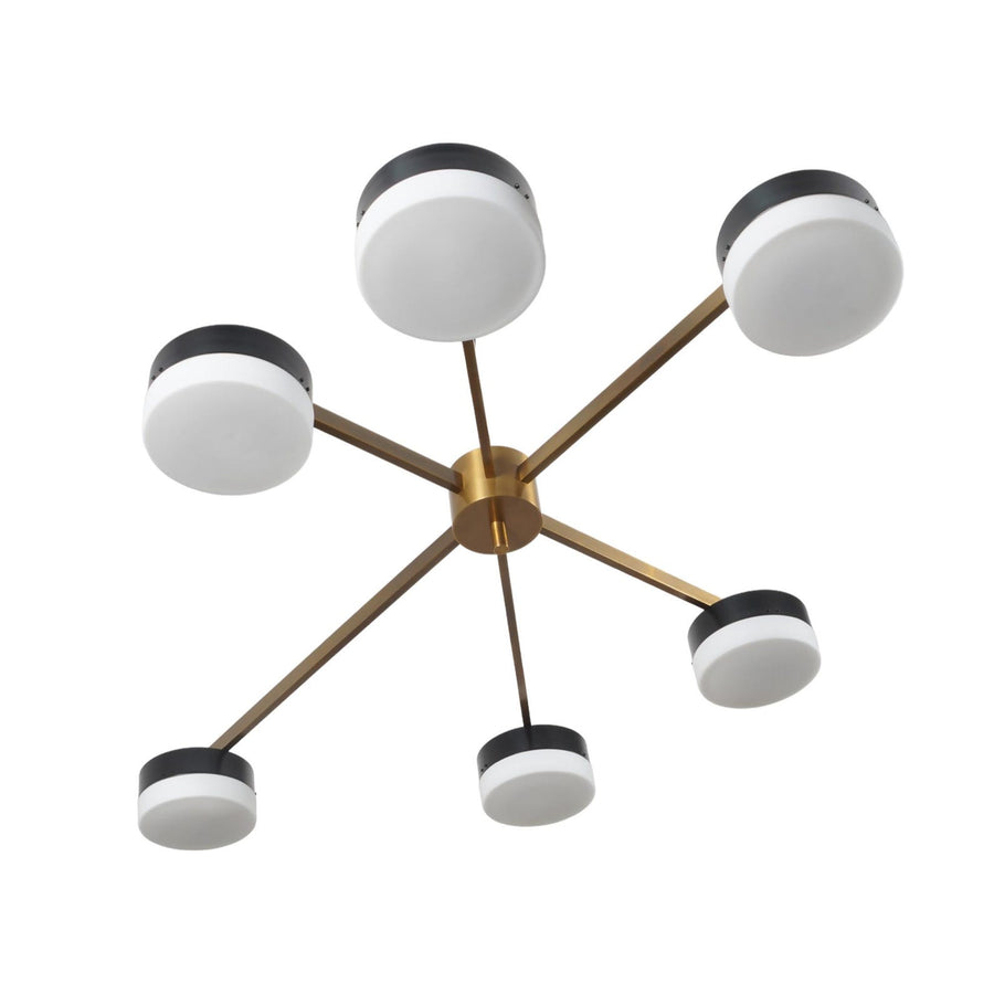 6 Disc Brass Chandelier in brushed brass finish with black and white disc shades – modern flushmount ceiling light by Brass Leaf Studio
