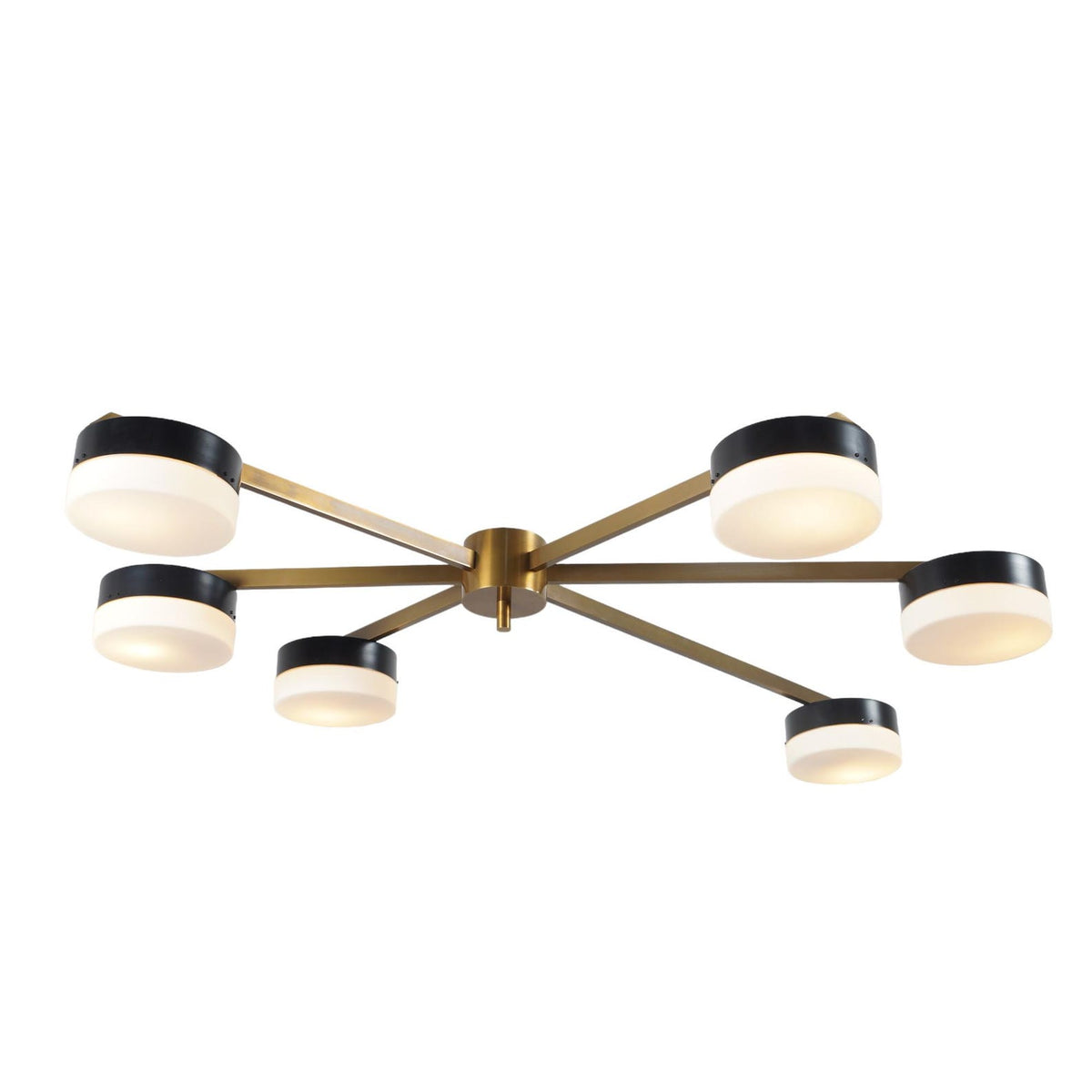 Side angle view of 6 Disc Brass Chandelier featuring brass arms and dual-tone black and white discs – minimalist ceiling light design