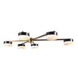 Flat profile view of 6-light brass chandelier with matte black and white disc diffusers – handcrafted modern ceiling fixture by Brass Leaf Studio