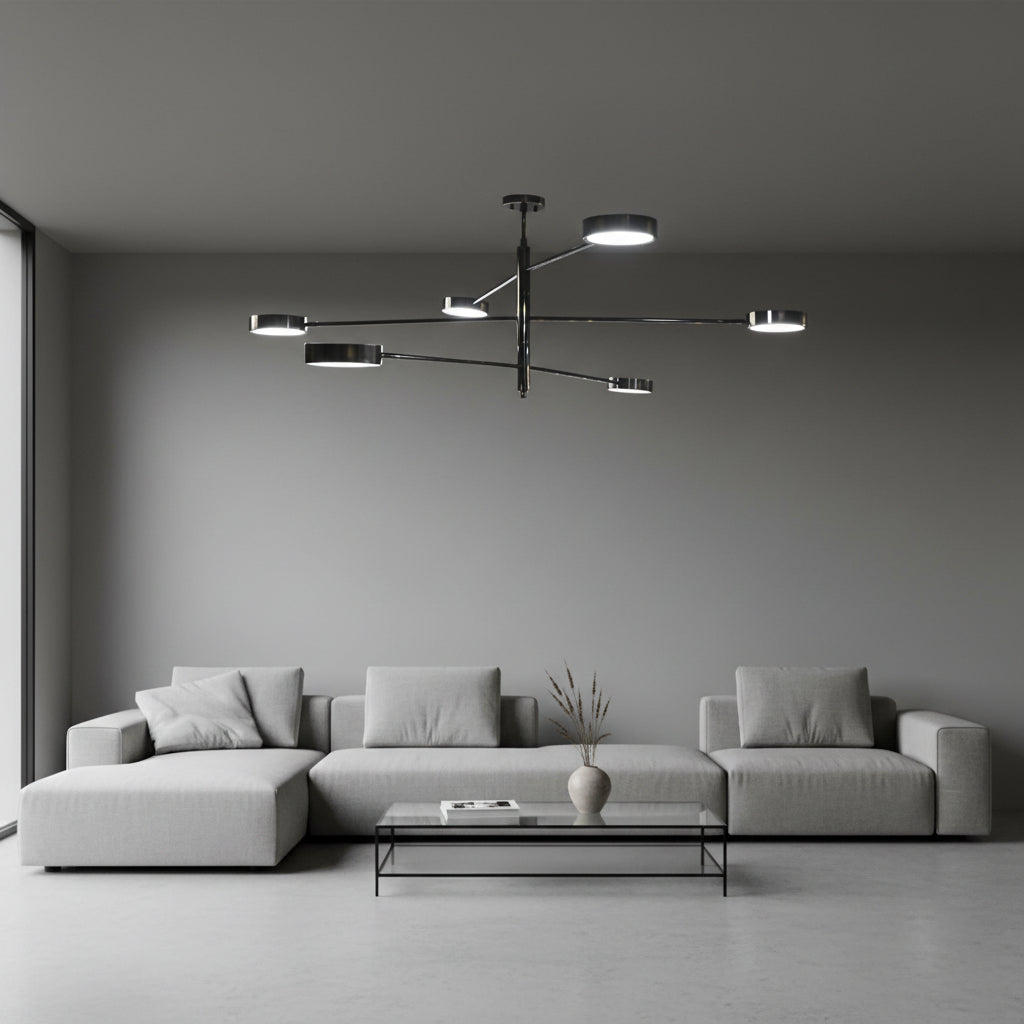 6-light 3-arm LED chandelier with wide balanced layout, central vertical stem, and bright downward illumination