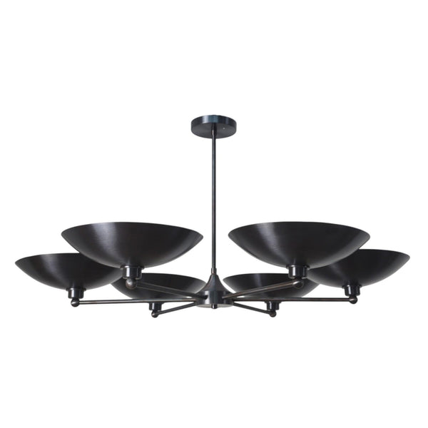 6 Light Blackened Brass Bowl Chandelier with sculptural wide brass shades and central stem – modern handcrafted ceiling light by Brass Leaf Studio