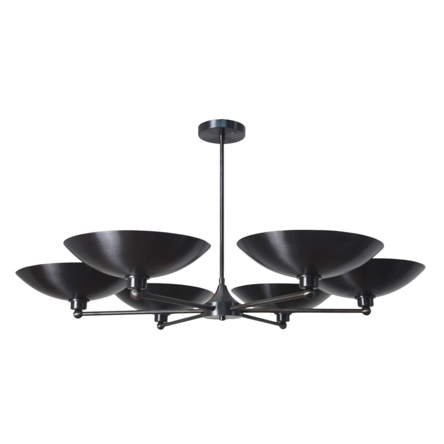 6 Light Blackened Brass Bowl Chandelier with sculptural wide brass shades and central stem – modern handcrafted ceiling light by Brass Leaf Studio