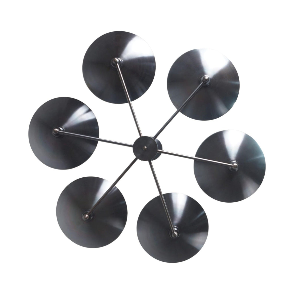 Top view of 6 Light Blackened Brass Bowl Chandelier showcasing radial bowl-shaped shades in brushed black brass finish – handmade modern lighting design