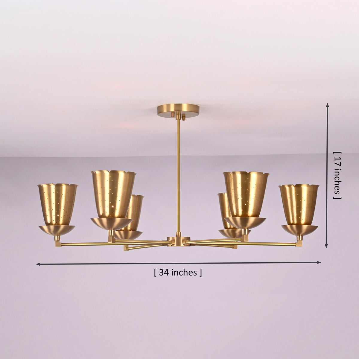 6 light brass cone shade chandelier showing 34 inch width and 17 inch height dimensions, customizable handcrafted ceiling light by Brass Leaf Studio.