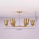 6 light brass cone shade chandelier showing 34 inch width and 17 inch height dimensions, customizable handcrafted ceiling light by Brass Leaf Studio.