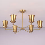 Angled view of handcrafted 6 light brass cone shade chandelier with symmetrical arms and minimalist industrial design.
