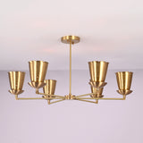Front view of 6 light brass cone shade chandelier with sculpted arms and brushed brass finish, handcrafted by Brass Leaf Studio for warm ambient lighting.