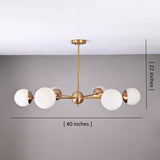 Modern 6-light brass chandelier with frosted glass globes, 40-inch wide handcrafted brass ceiling light.