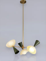 6 light Diabolo style brass chandelier with sculptural bowl shades and modern industrial design by Brass Leaf Studio