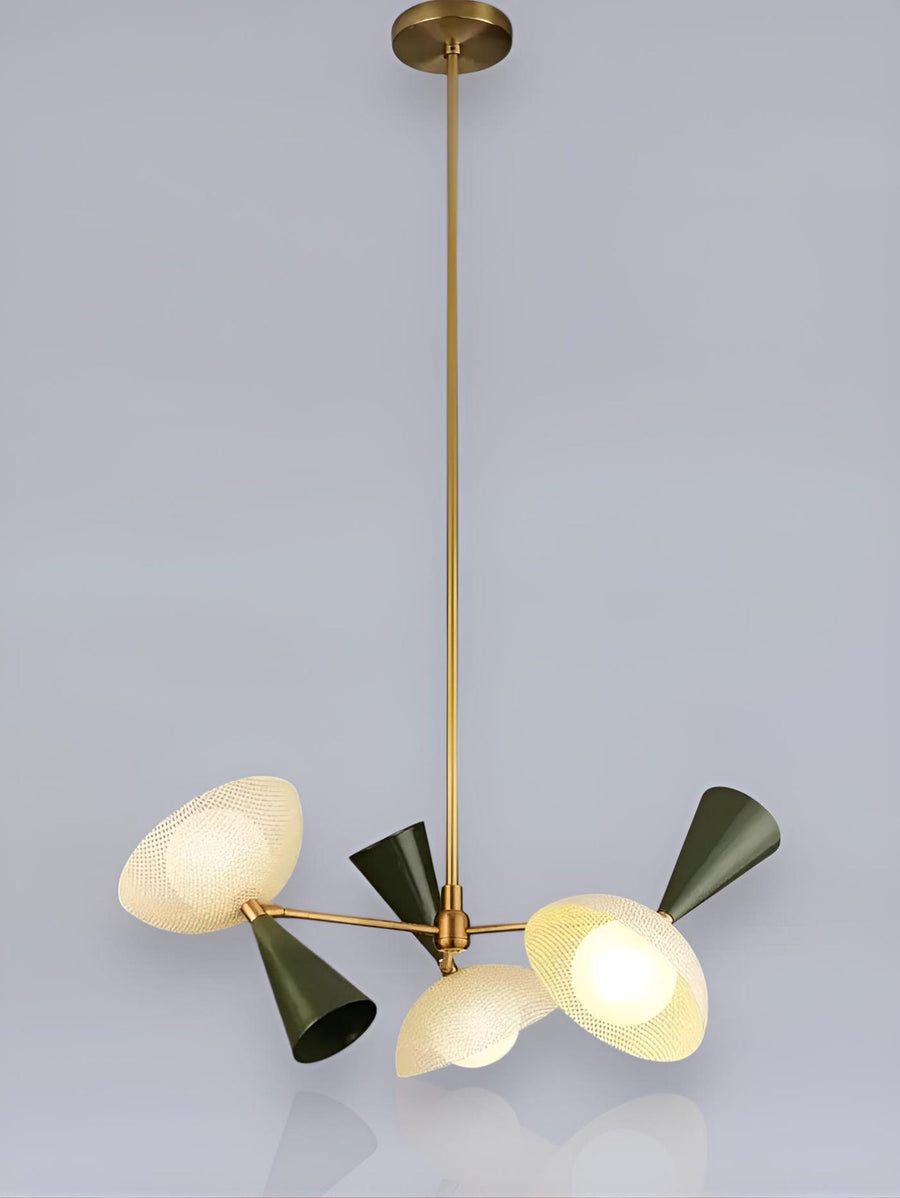 6 light Diabolo style brass chandelier with sculptural bowl shades and modern industrial design by Brass Leaf Studio