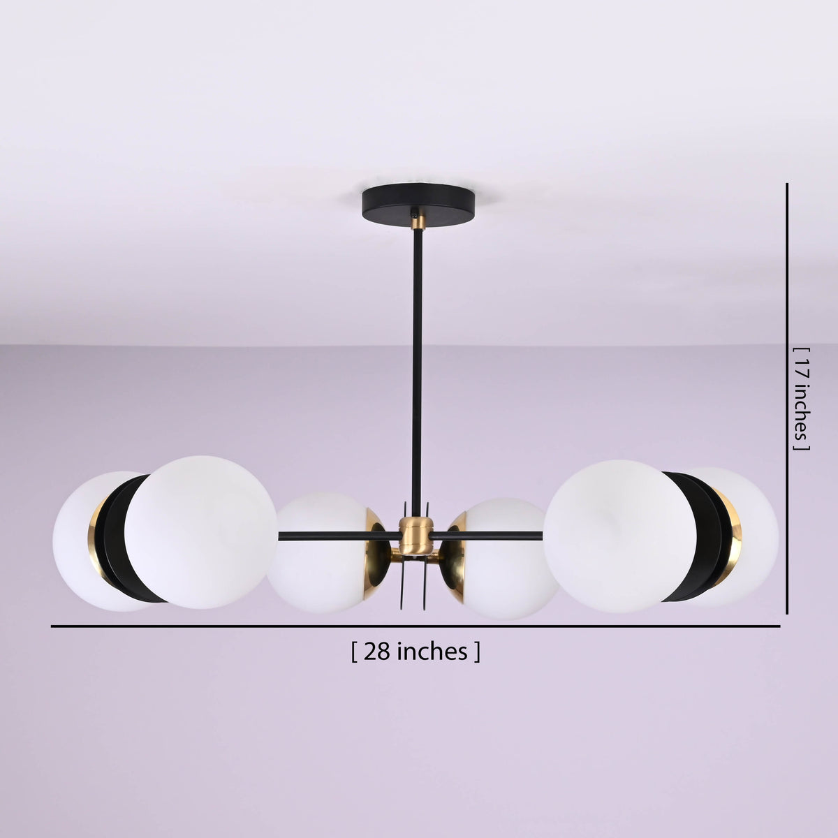 Modern 6-light opal glass globe brass chandelier showing dimensions of 28 inches wide and 17 inches high.