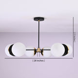 Modern 6-light opal glass globe brass chandelier showing dimensions of 28 inches wide and 17 inches high.