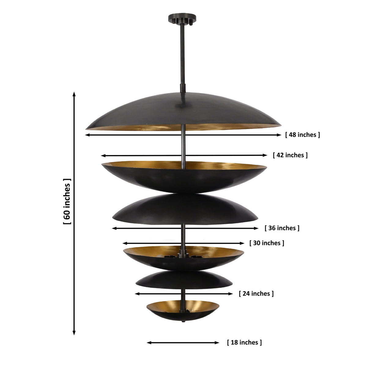 6-tier solid brass dome disc chandelier with blackened brass outer surfaces and brushed brass interiors